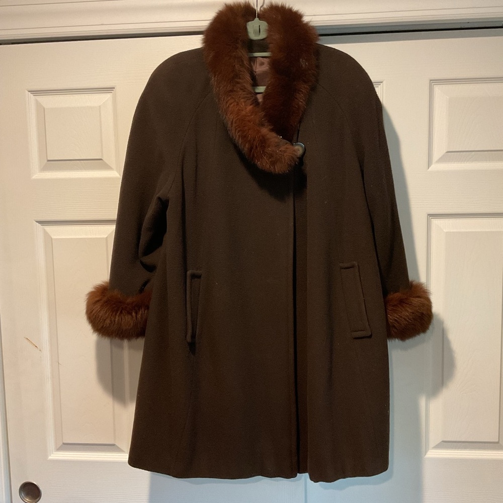 Vintage Regency Cashmere Blend Fox Fur Penny Lane Brown Swing Coat Jacket sz 10